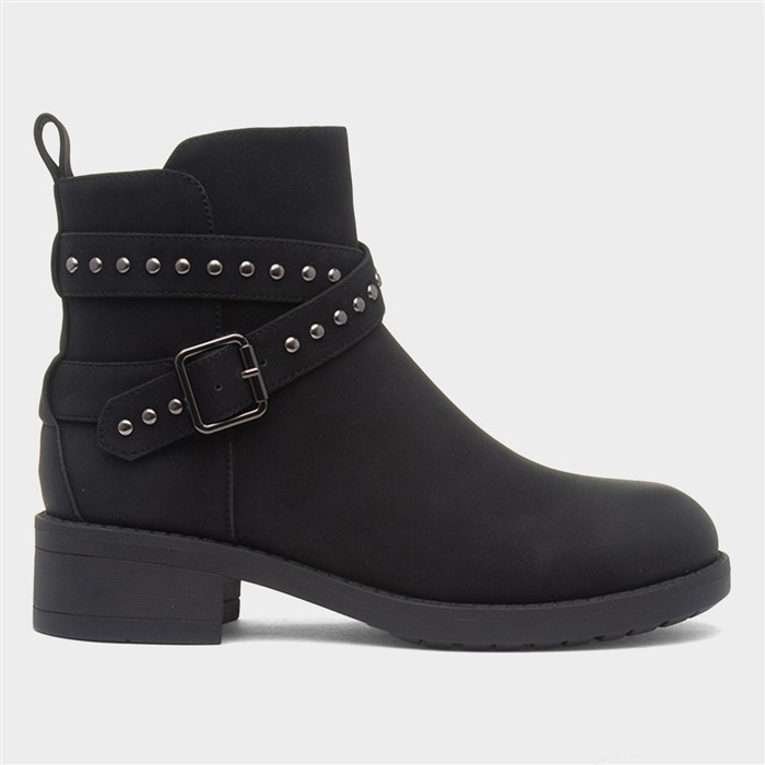 Womens Black Ankle Zip Up Buckle Boot