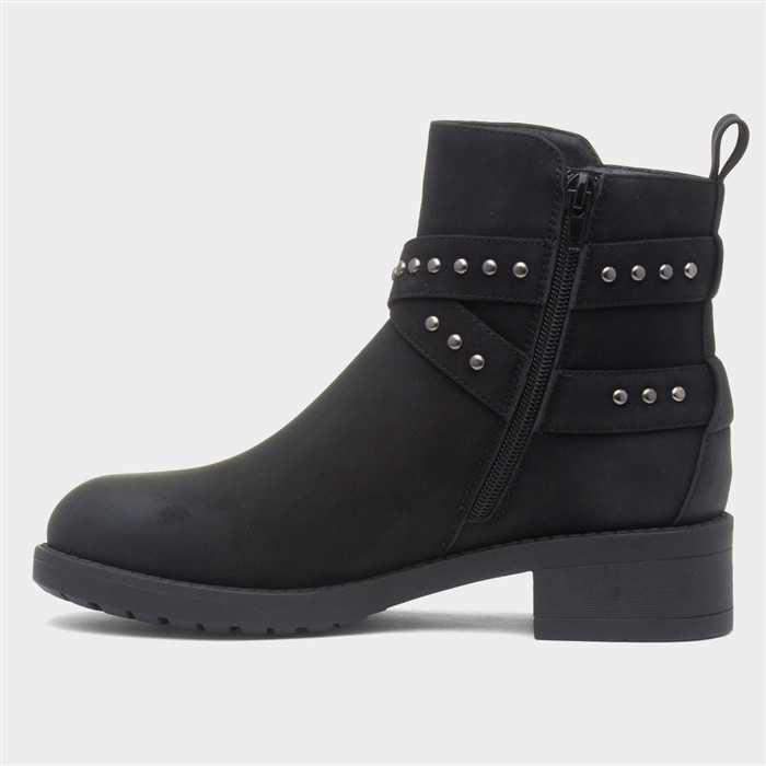 Womens Black Ankle Zip Up Buckle Boot