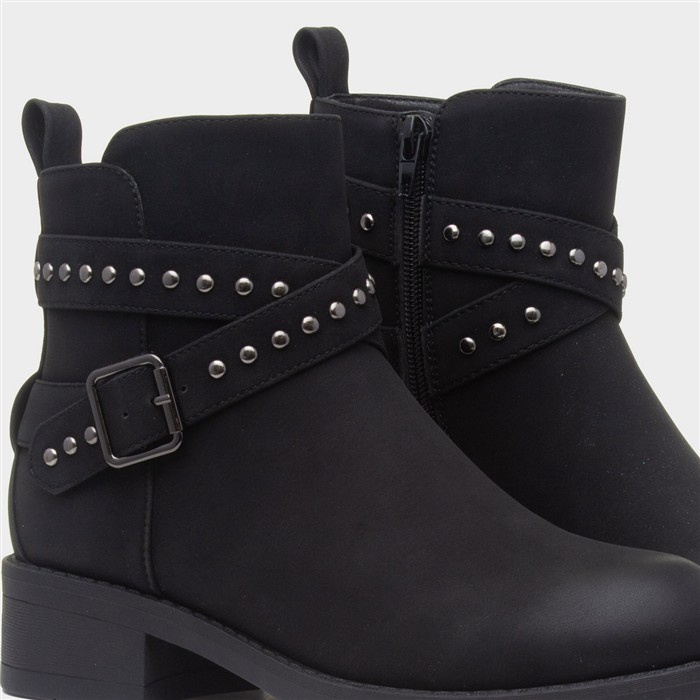 Womens Black Ankle Zip Up Buckle Boot