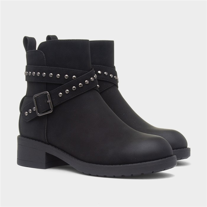 Womens Black Ankle Zip Up Buckle Boot