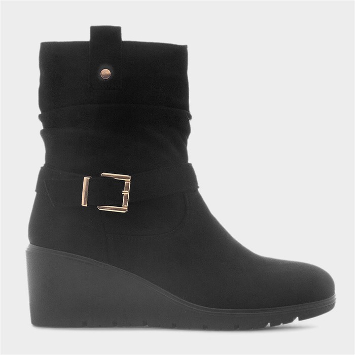 Womens Black Wedge Buckle Ankle Boot