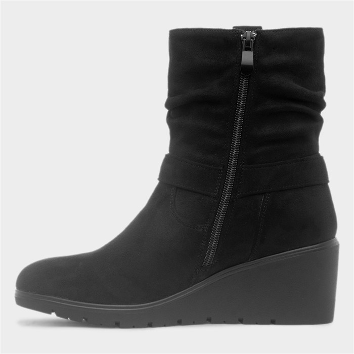 Womens Black Wedge Buckle Ankle Boot