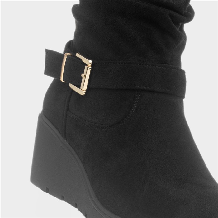 Womens Black Wedge Buckle Ankle Boot