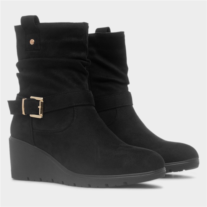Womens Black Wedge Buckle Ankle Boot