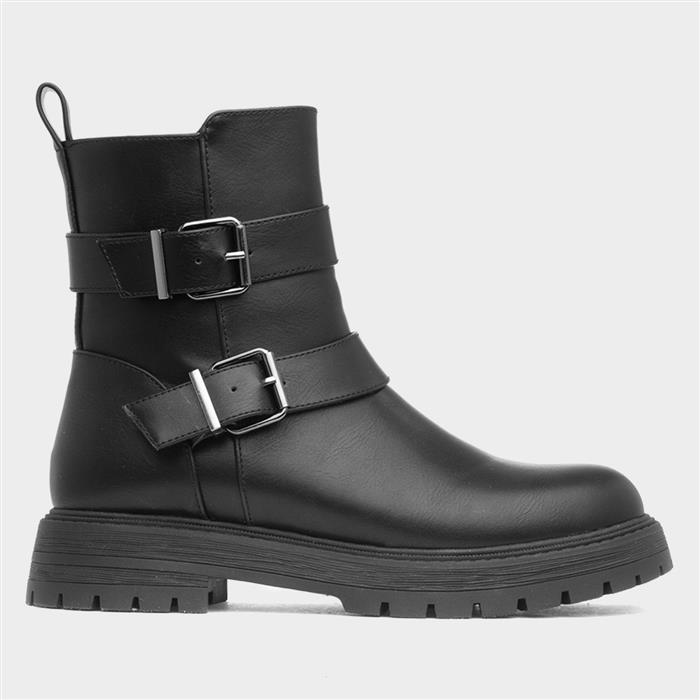 Womens Black Chunky Buckle Ankle Boot