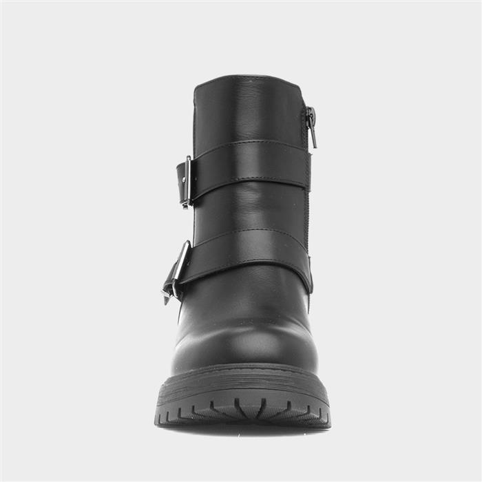 Womens Black Chunky Buckle Ankle Boot