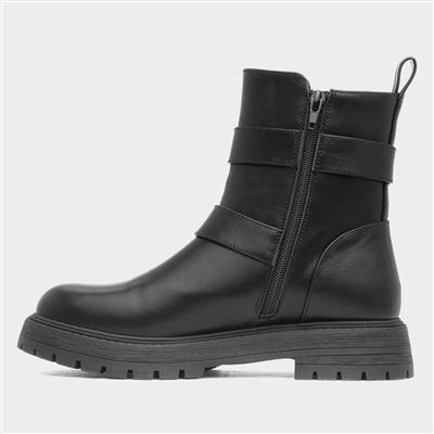 Womens Black Chunky Buckle Ankle Boot
