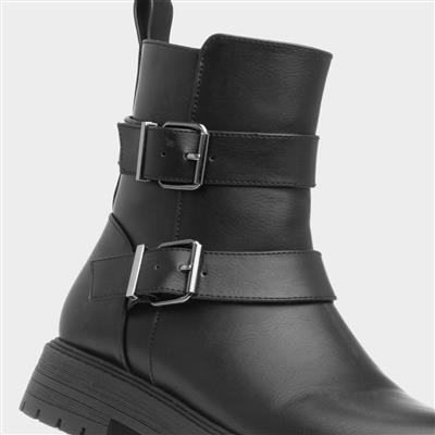 Womens Black Chunky Buckle Ankle Boot