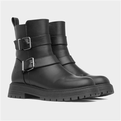 Womens Black Chunky Buckle Ankle Boot