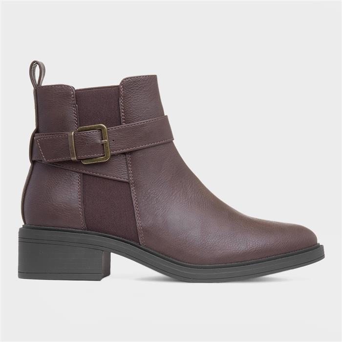 Womens Brown Block Heel Buckle Ankle Boot