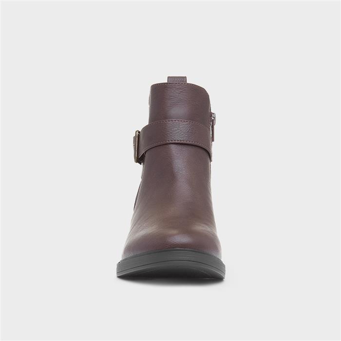 Womens Brown Block Heel Buckle Ankle Boot