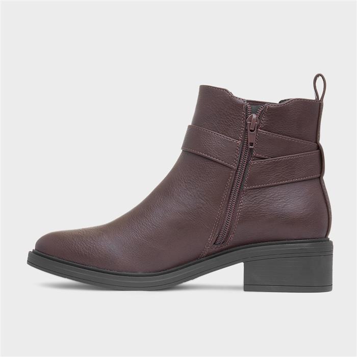 Womens Brown Block Heel Buckle Ankle Boot