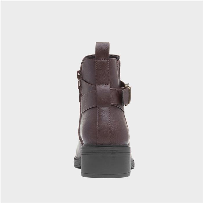 Womens Brown Block Heel Buckle Ankle Boot