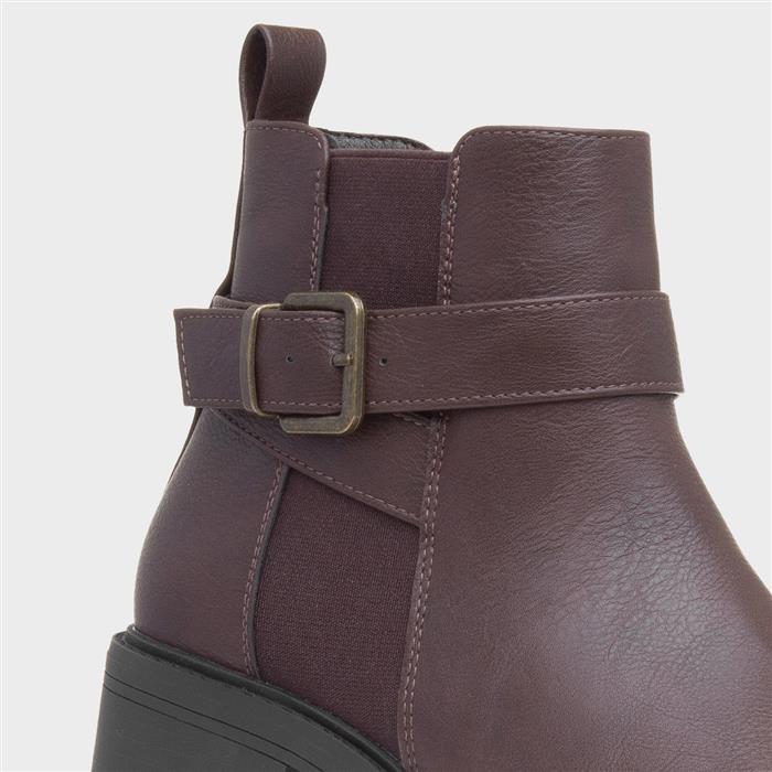Womens Brown Block Heel Buckle Ankle Boot