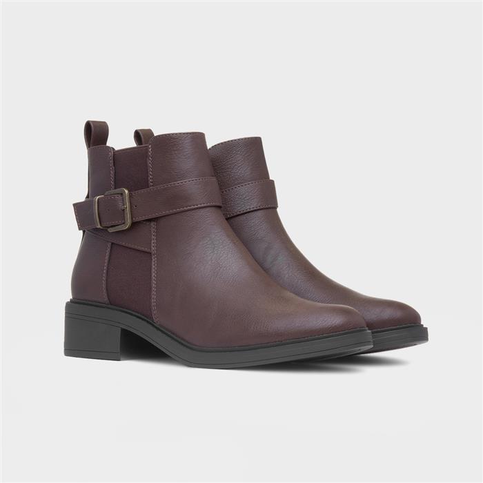 Womens Brown Block Heel Buckle Ankle Boot