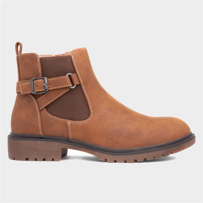 Womens Tan Zip Up Buckle Ankle Boot