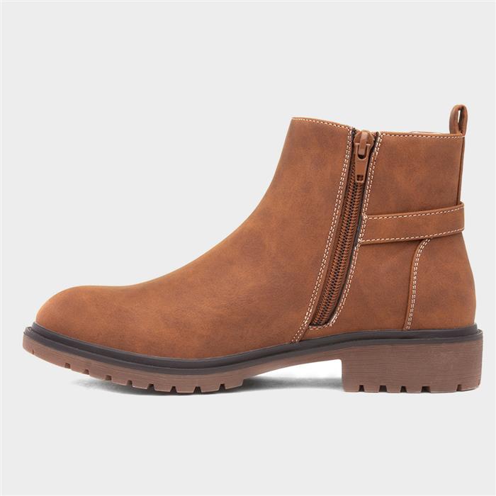 Womens Tan Zip Up Buckle Ankle Boot