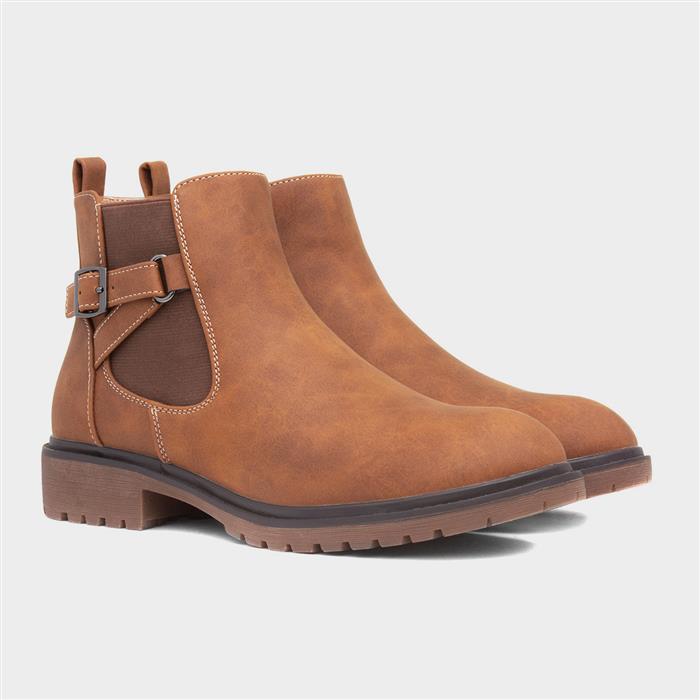 Womens Tan Zip Up Buckle Ankle Boot