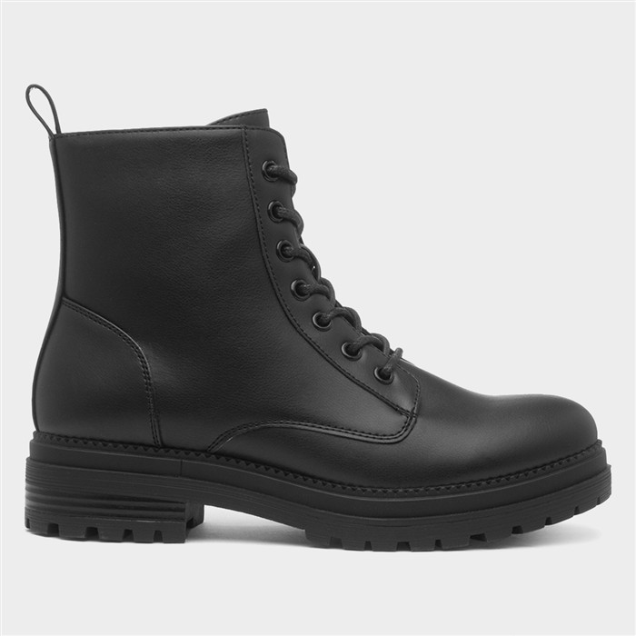 Womens Black Chunky Lace Up Boot-18672 | shoezone