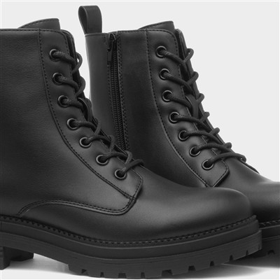 Womens Black Chunky Lace Up Boot