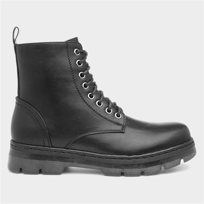 Womens Black Lace Up Chunky Ankle Boot