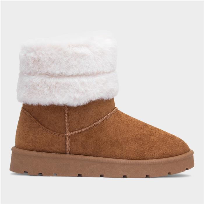 Womens Tan Faux Fur Pull On Ankle Boot