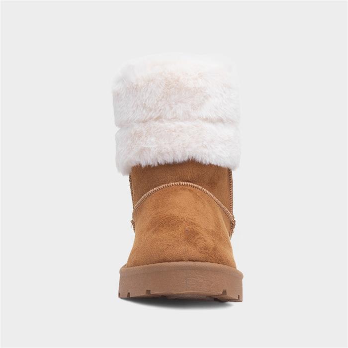 Womens Tan Faux Fur Pull On Ankle Boot