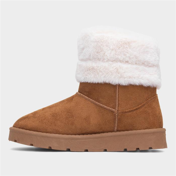 Womens Tan Faux Fur Pull On Ankle Boot