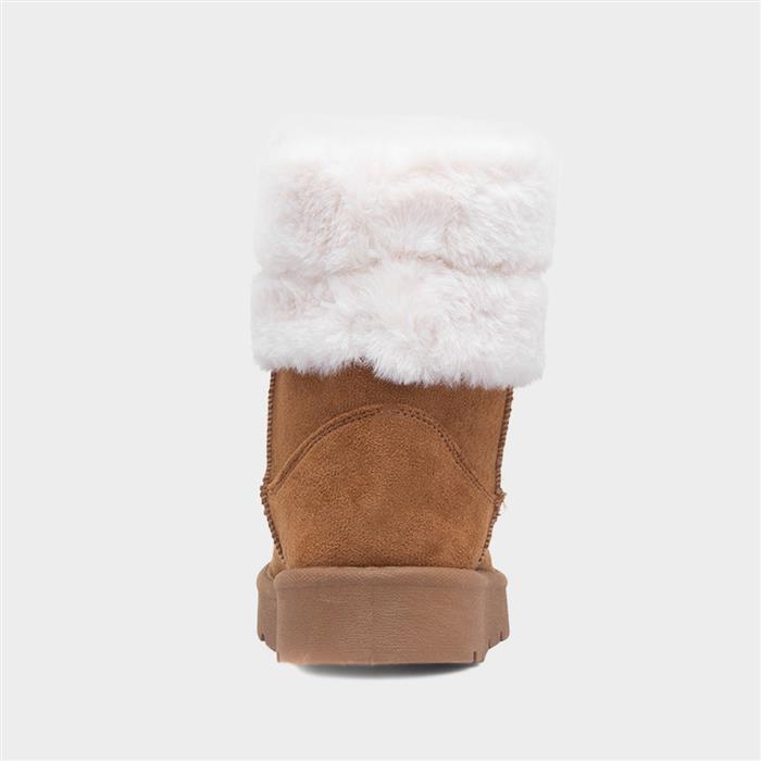 Womens Tan Faux Fur Pull On Ankle Boot