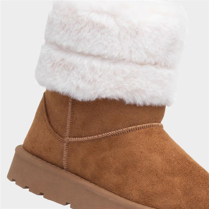 Womens Tan Faux Fur Pull On Ankle Boot
