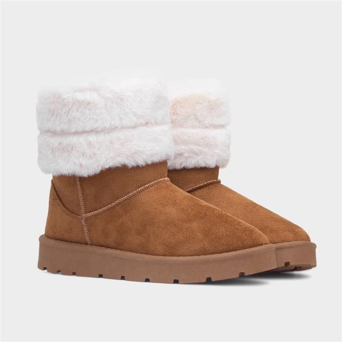 Womens Tan Faux Fur Pull On Ankle Boot