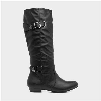 Womens Black High Leg Buckle Strap Boot