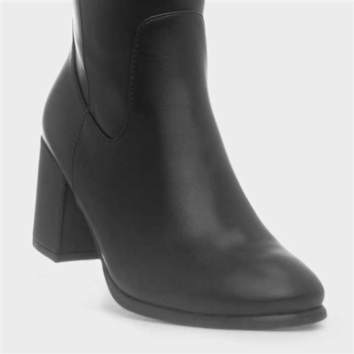 Womens Black Heeled Knee High Zip Up Boot