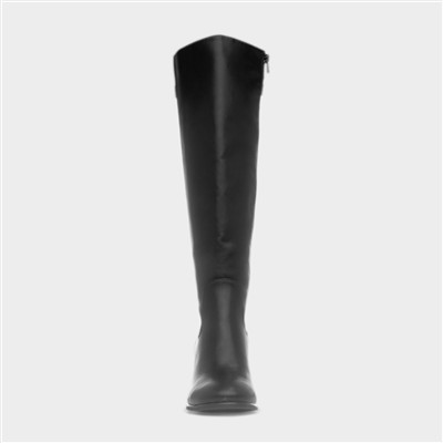 Womens Black Heeled Knee High Zip Up Boot