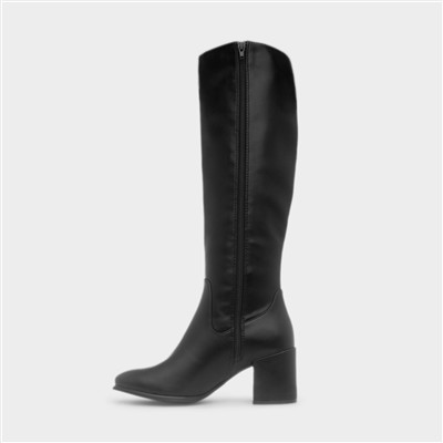 Womens Black Heeled Knee High Zip Up Boot