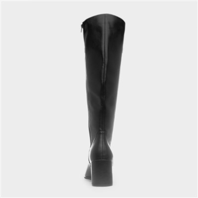 Womens Black Heeled Knee High Zip Up Boot