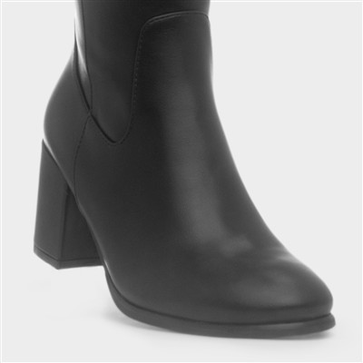 Womens Black Heeled Knee High Zip Up Boot