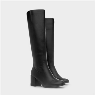 Womens Black Heeled Knee High Zip Up Boot