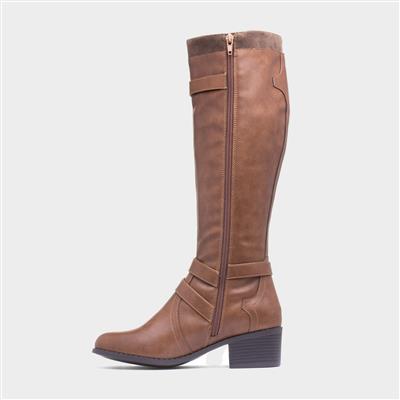 Womens Tan Block Heel Riding Boot