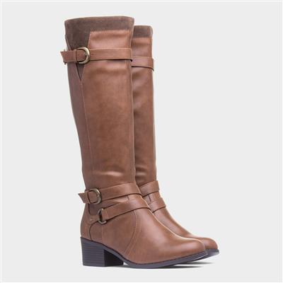 Womens Tan Block Heel Riding Boot