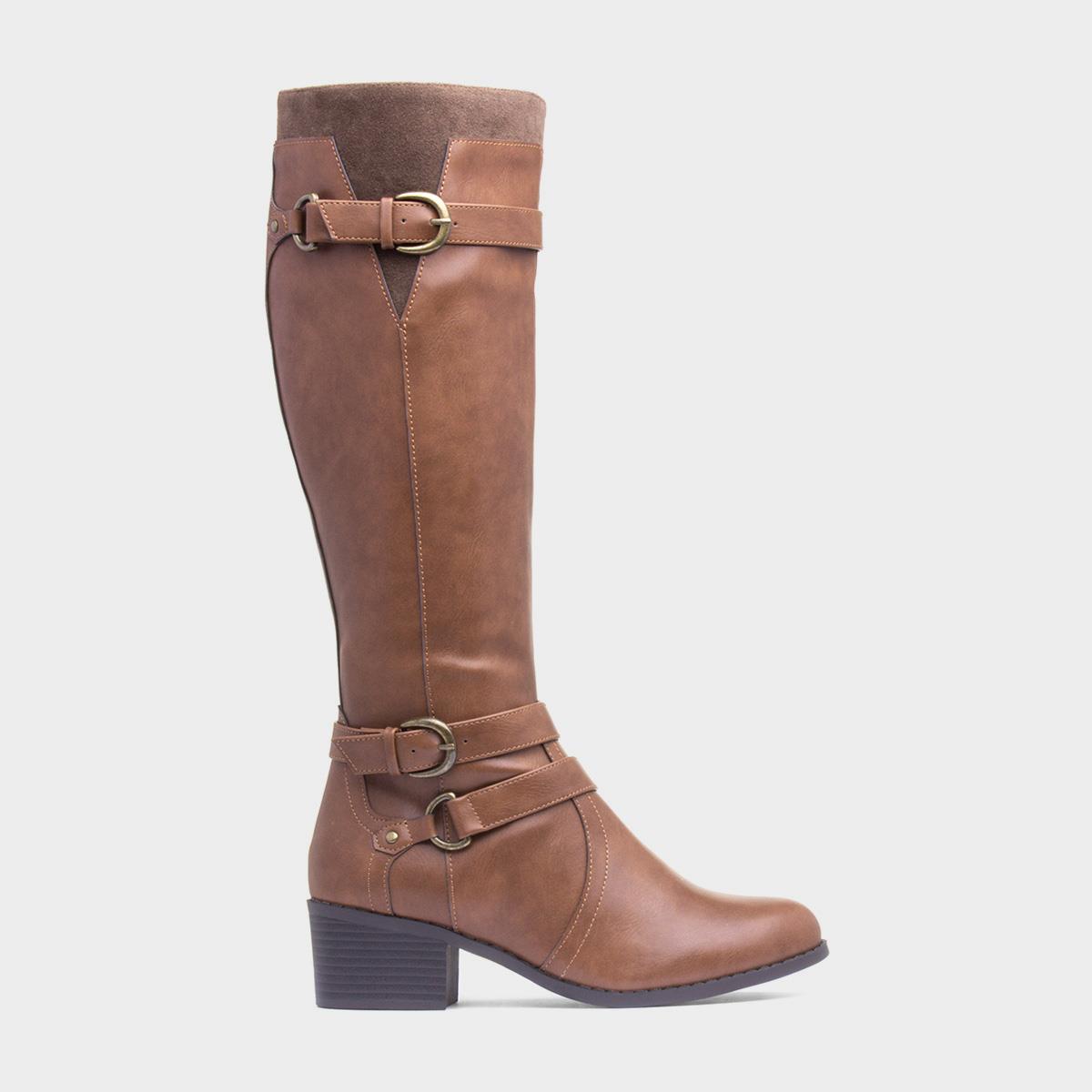 Womens Tan Block Heel Riding Boot