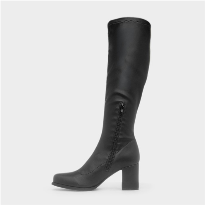 Womens Black Heeled Zip Up Knee High Boot