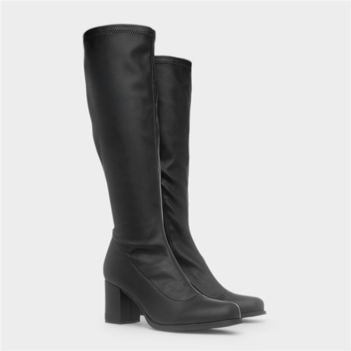 Womens Black Heeled Zip Up Knee High Boot