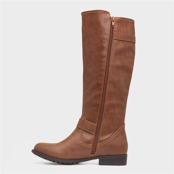 Womens Tan Buckle Zip Up Riding Boot