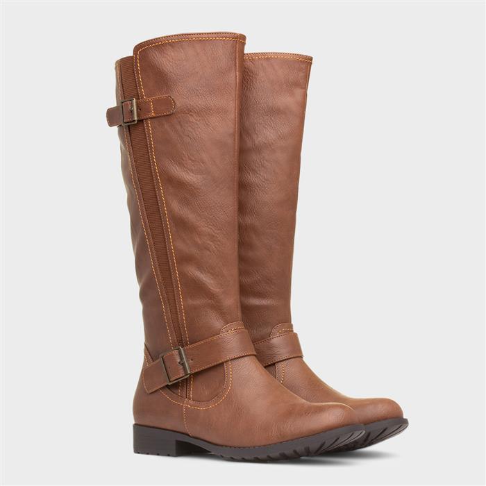 Womens Tan Buckle Zip Up Riding Boot