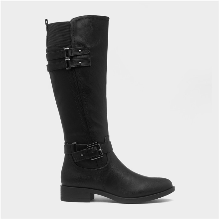 Womens Black Buckle Knee High Boot