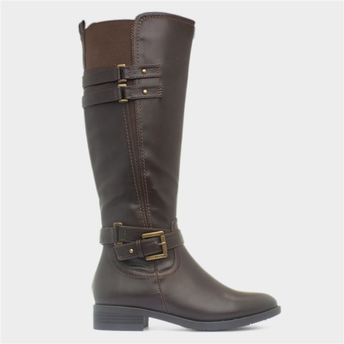 Womens Brown Buckle Knee High Zip Up Boot