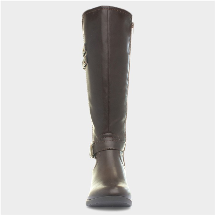 Womens Brown Buckle Knee High Zip Up Boot