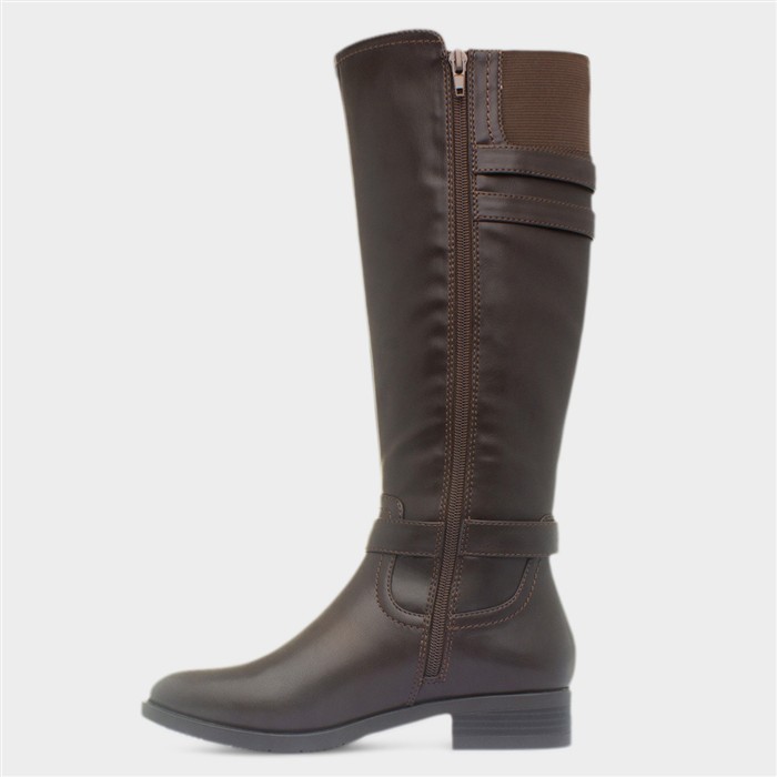 Womens Brown Buckle Knee High Zip Up Boot