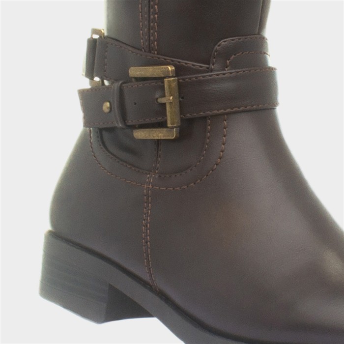 Womens Brown Buckle Knee High Zip Up Boot